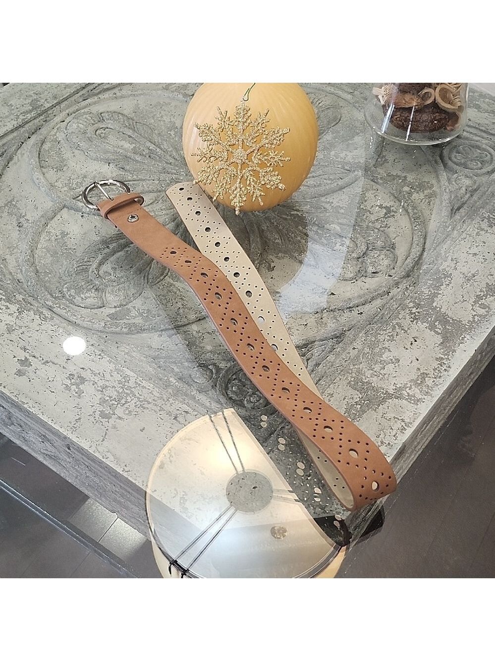 Vince Camuto Vegan Leather Tan and Cream Perforated Belt 30 - 35